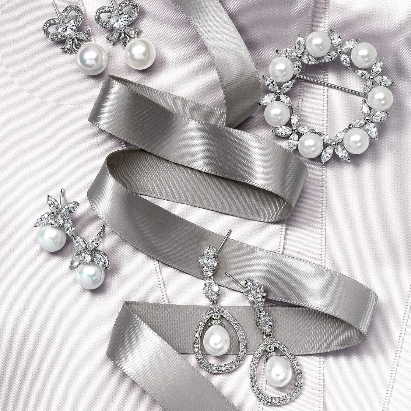 Bridal Holiday Ribbon CZ White Ball Drop Imitation Pearl Earrings