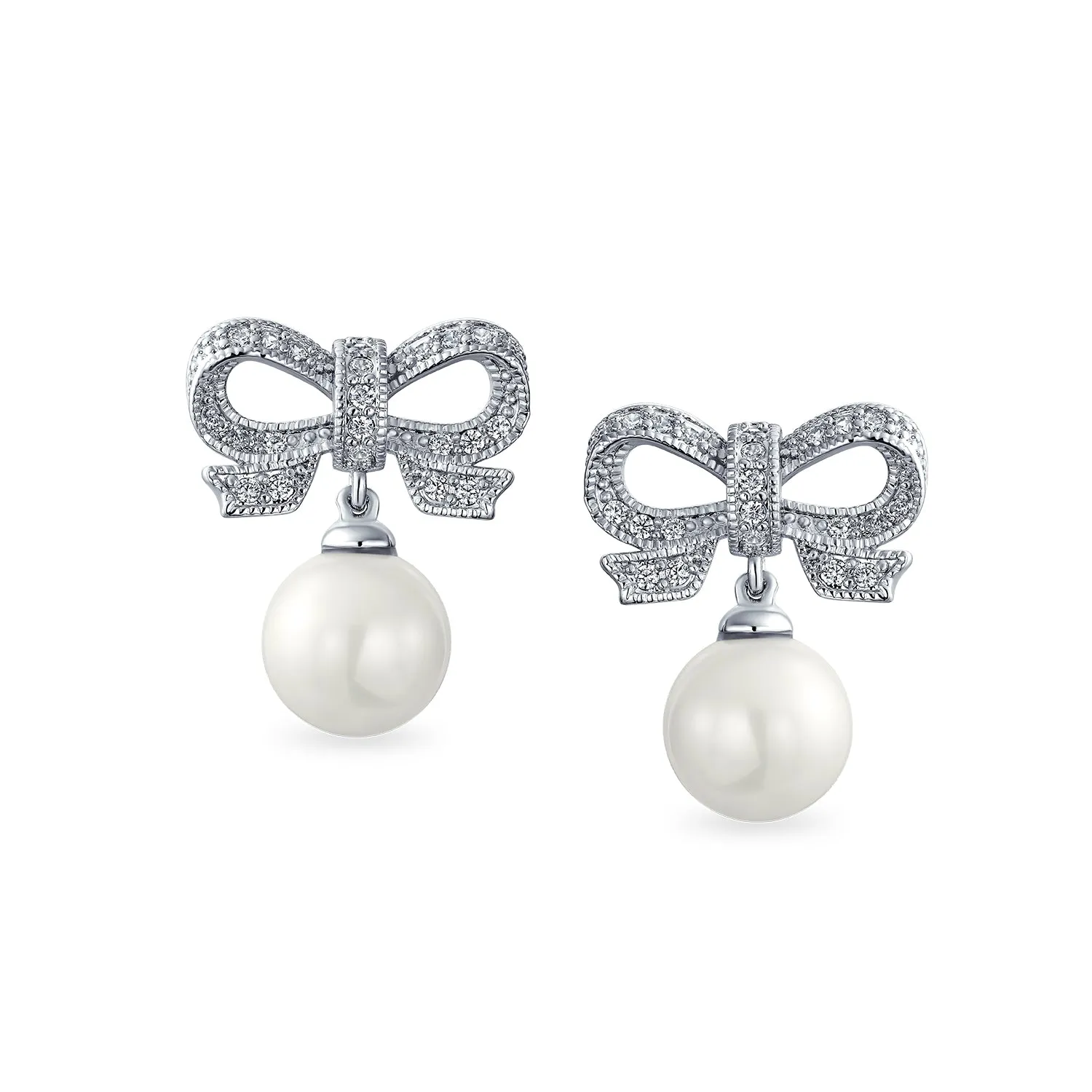 Bridal Holiday Ribbon CZ White Ball Drop Imitation Pearl Earrings