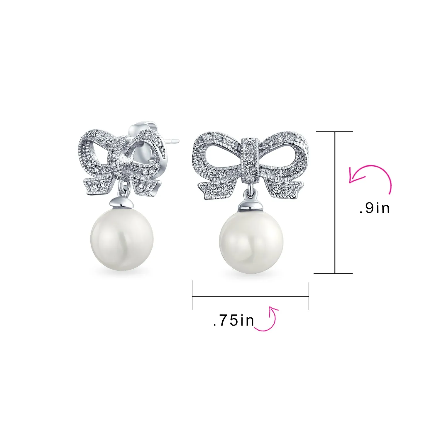 Bridal Holiday Ribbon CZ White Ball Drop Imitation Pearl Earrings