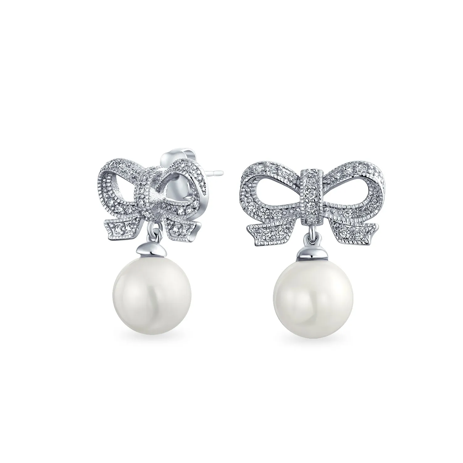 Bridal Holiday Ribbon CZ White Ball Drop Imitation Pearl Earrings