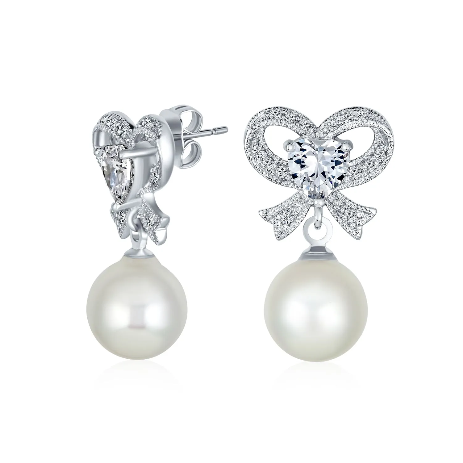 Bridal Holiday Ribbon CZ White Ball Drop Imitation Pearl Earrings