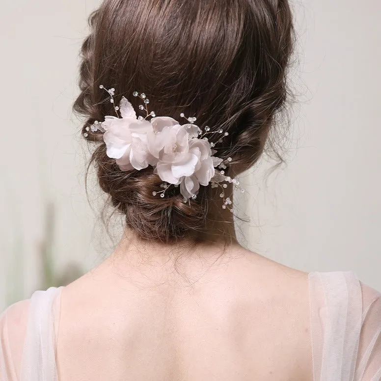 C107. Blush Organza Flower Hair Comb, light pink chiffon flower comb