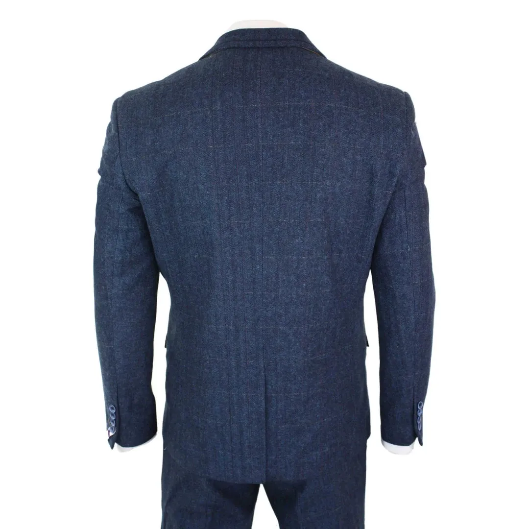 Carnegi - Men's 3 Piece Navy Blue Suit Tweed Check 1920's