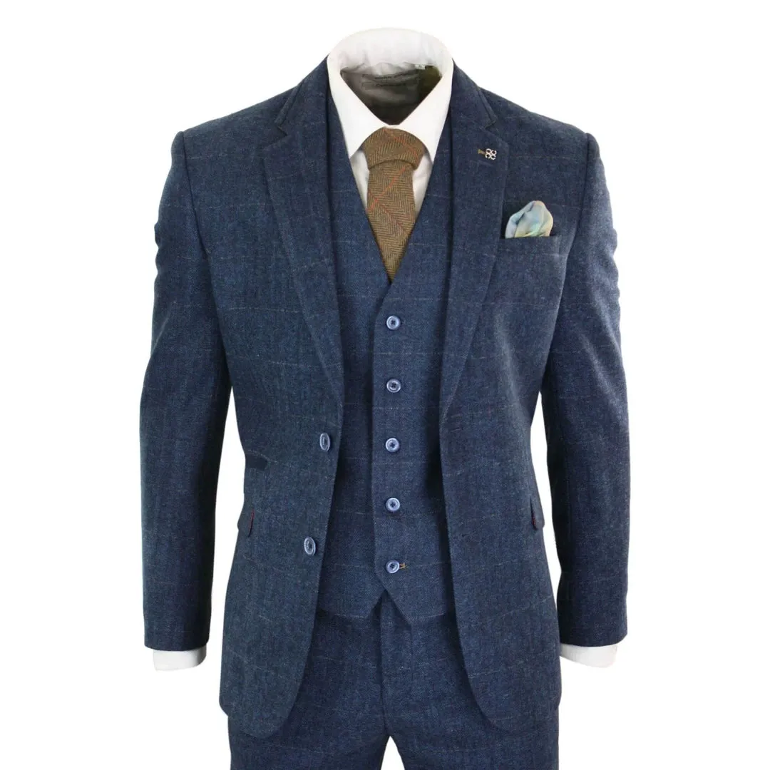 Carnegi - Men's 3 Piece Navy Blue Suit Tweed Check 1920's