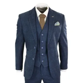 carnegi - Men's Boys 3 Piece Navy Blue Suit Tweed Check 1920's