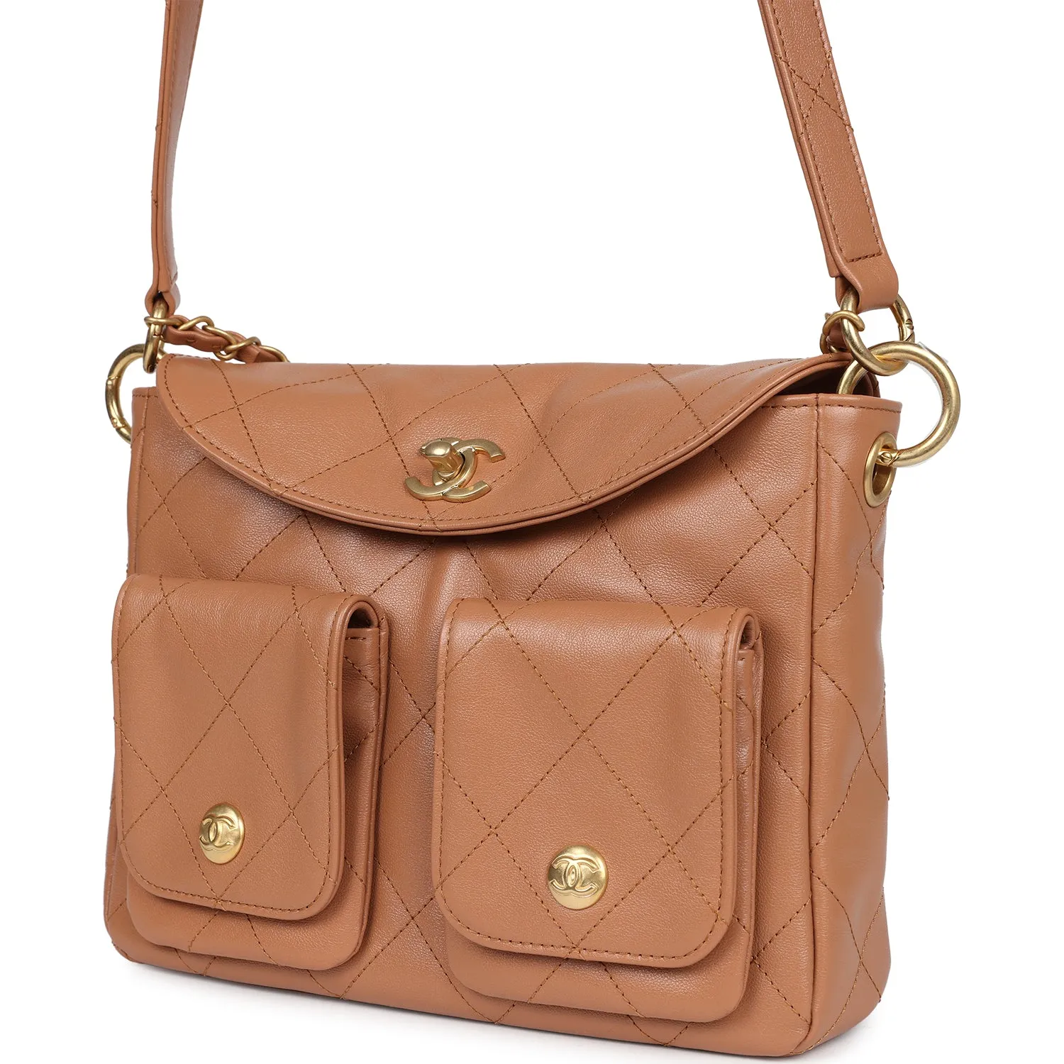 Chanel Double Pocket Hobo Bag Caramel Shiny Calfskin Brushed Gold Hardware