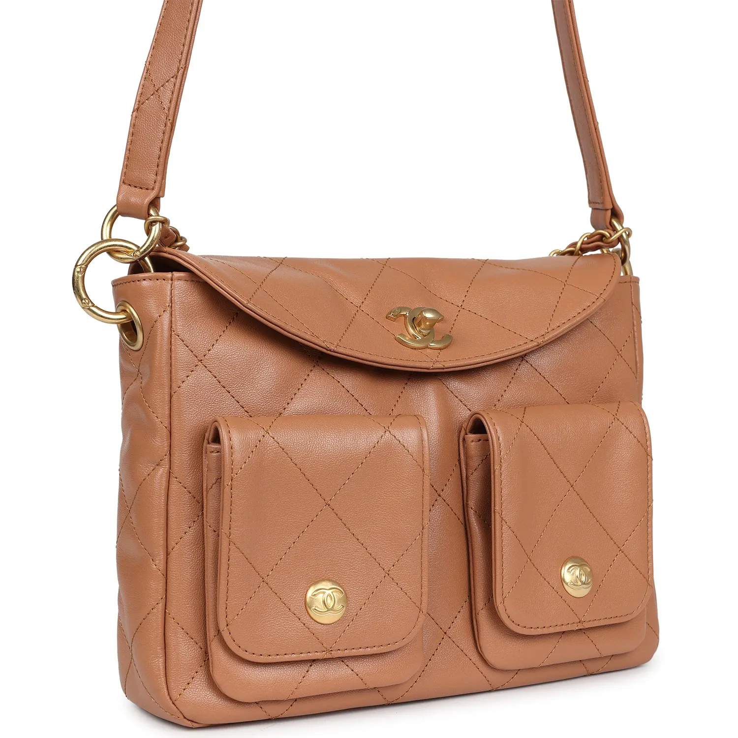 Chanel Double Pocket Hobo Bag Caramel Shiny Calfskin Brushed Gold Hardware