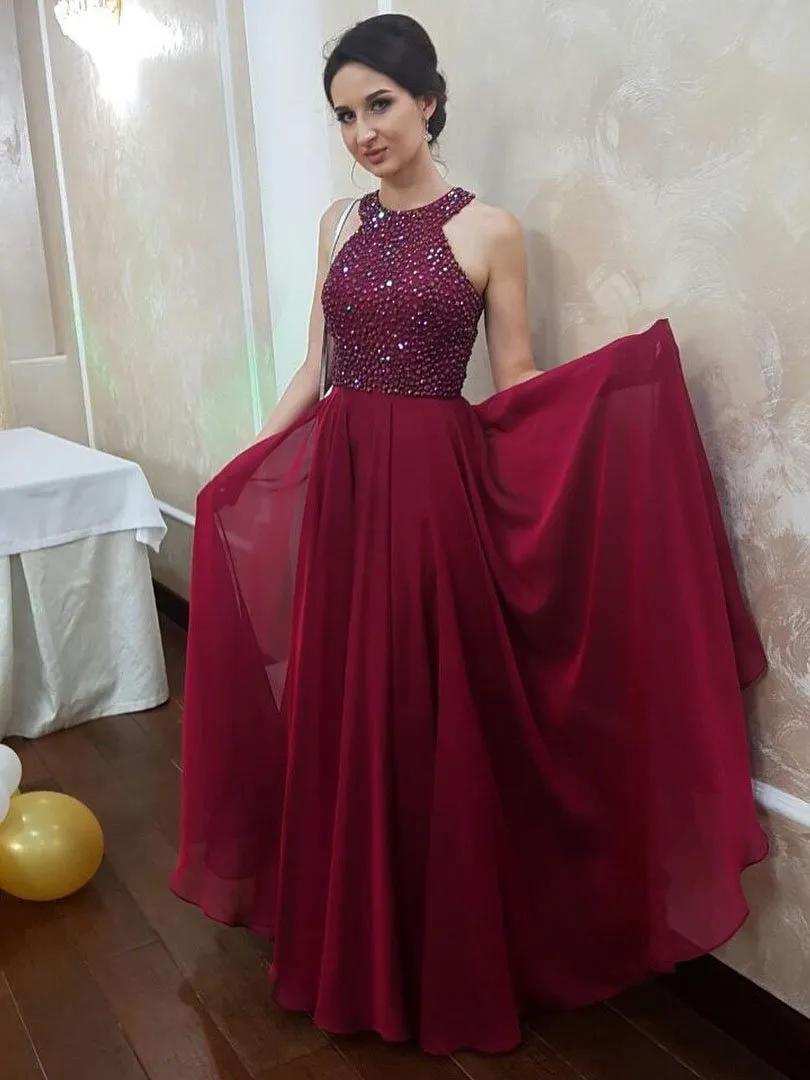 Charming Chiffon Jewel Neckline Floor-length A-line Prom Dresses With Rhinestones PD066