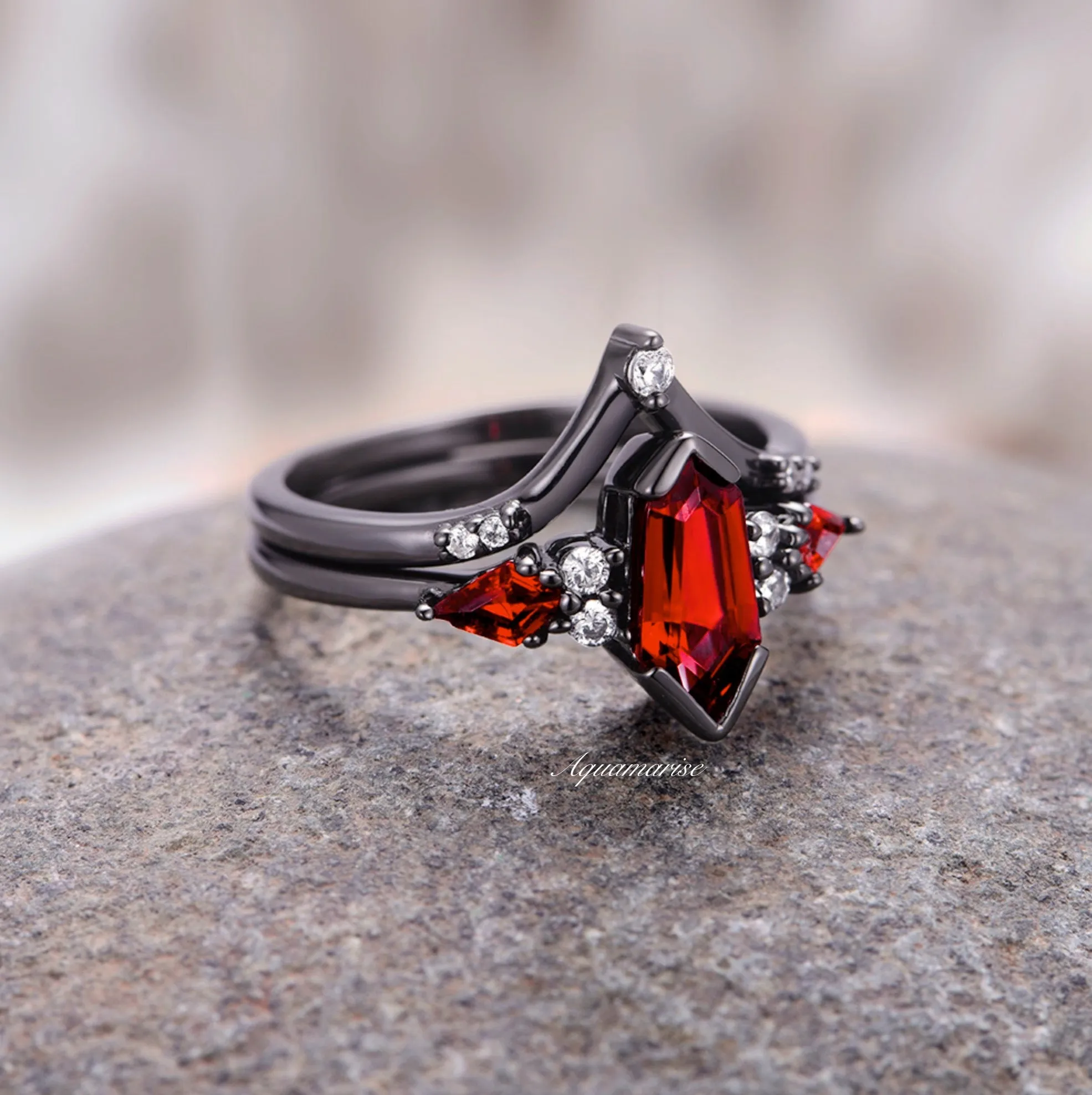 Coffin Kite Natural Red Garnet Ring Set- Black Rhodium Filled