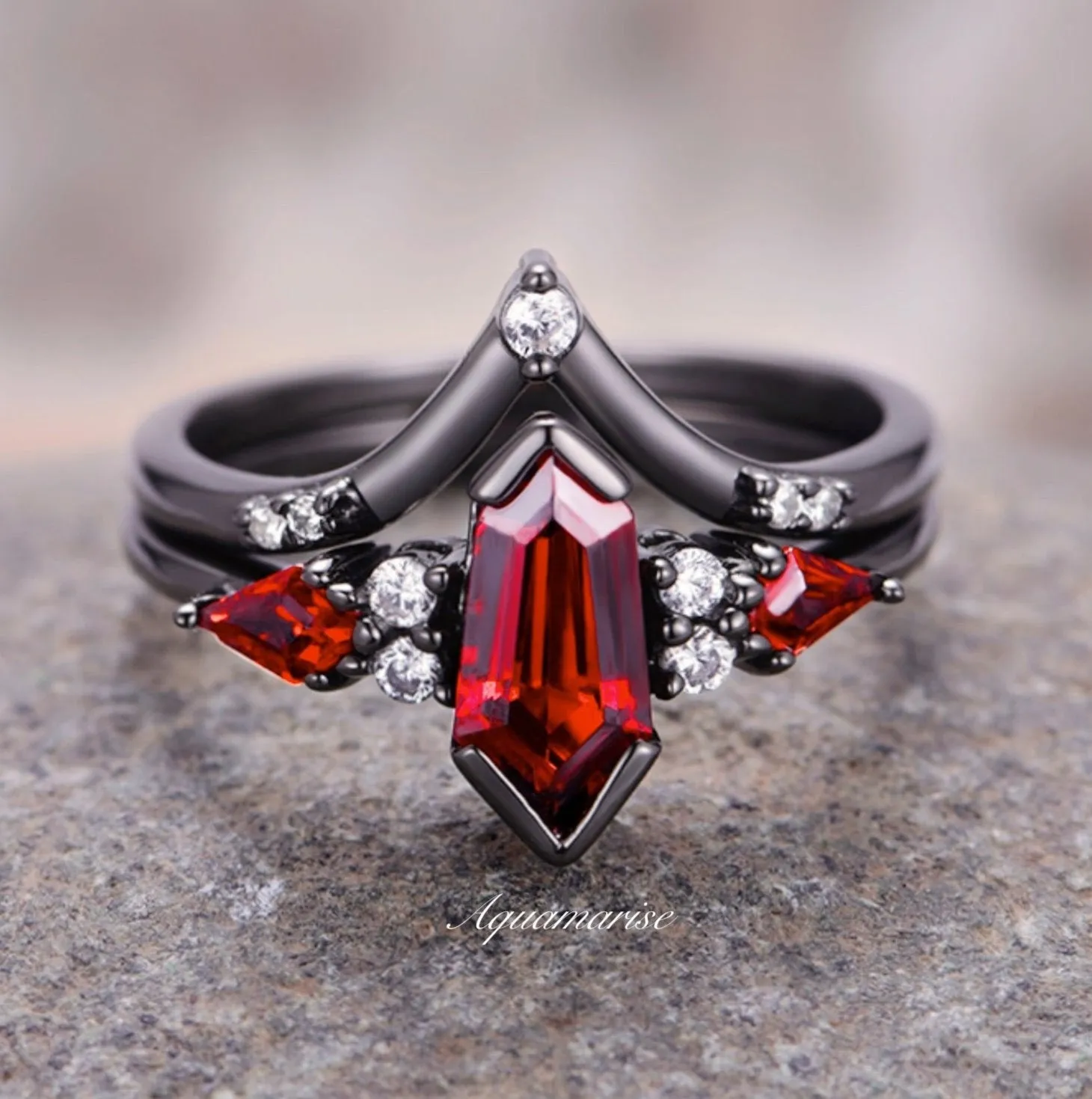 Coffin Kite Natural Red Garnet Ring Set- Black Rhodium Filled