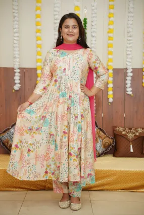 Creamy Rose Foiled Anarkali Set