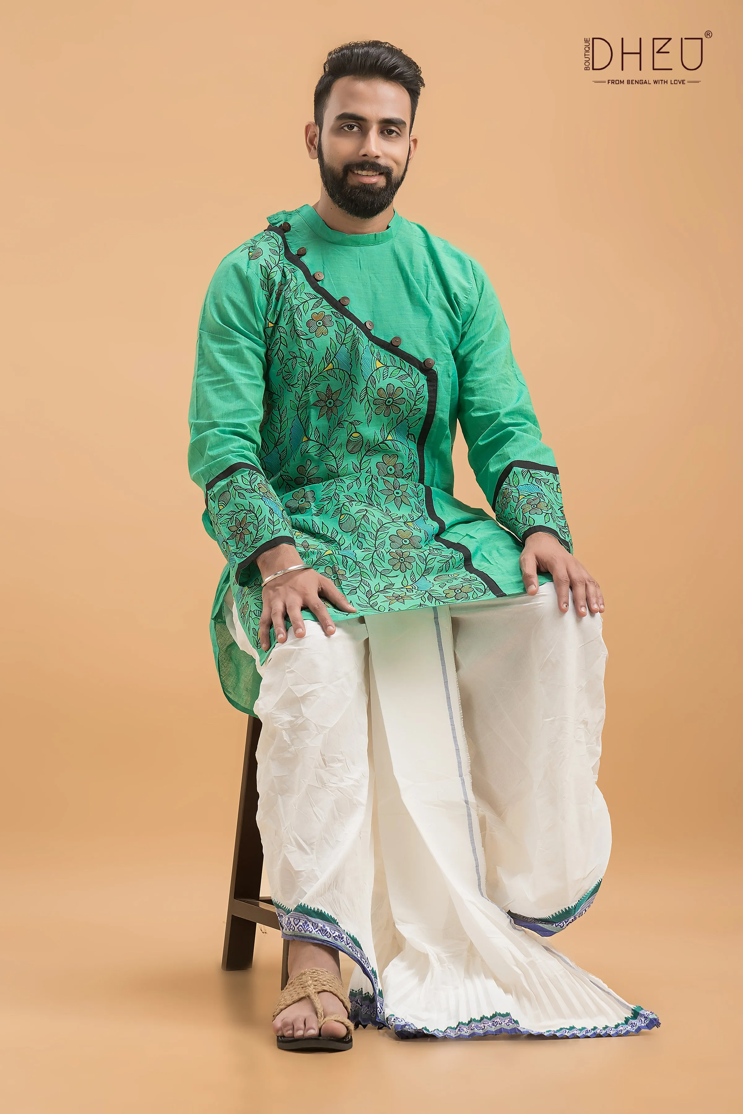 Designer Handprinted Kurta Dhoti(Optional) Set