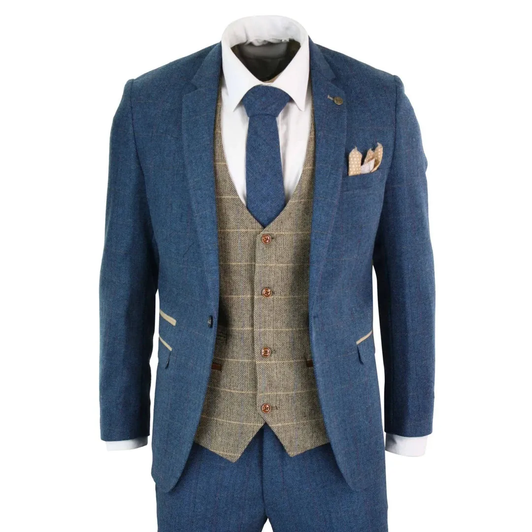 Dion - Men's Blue Tan Brown 3 Piece Herringbone Tweed Check Suit