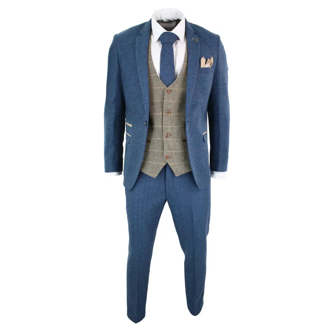 Dion - Men's Blue Tan Brown 3 Piece Herringbone Tweed Check Suit