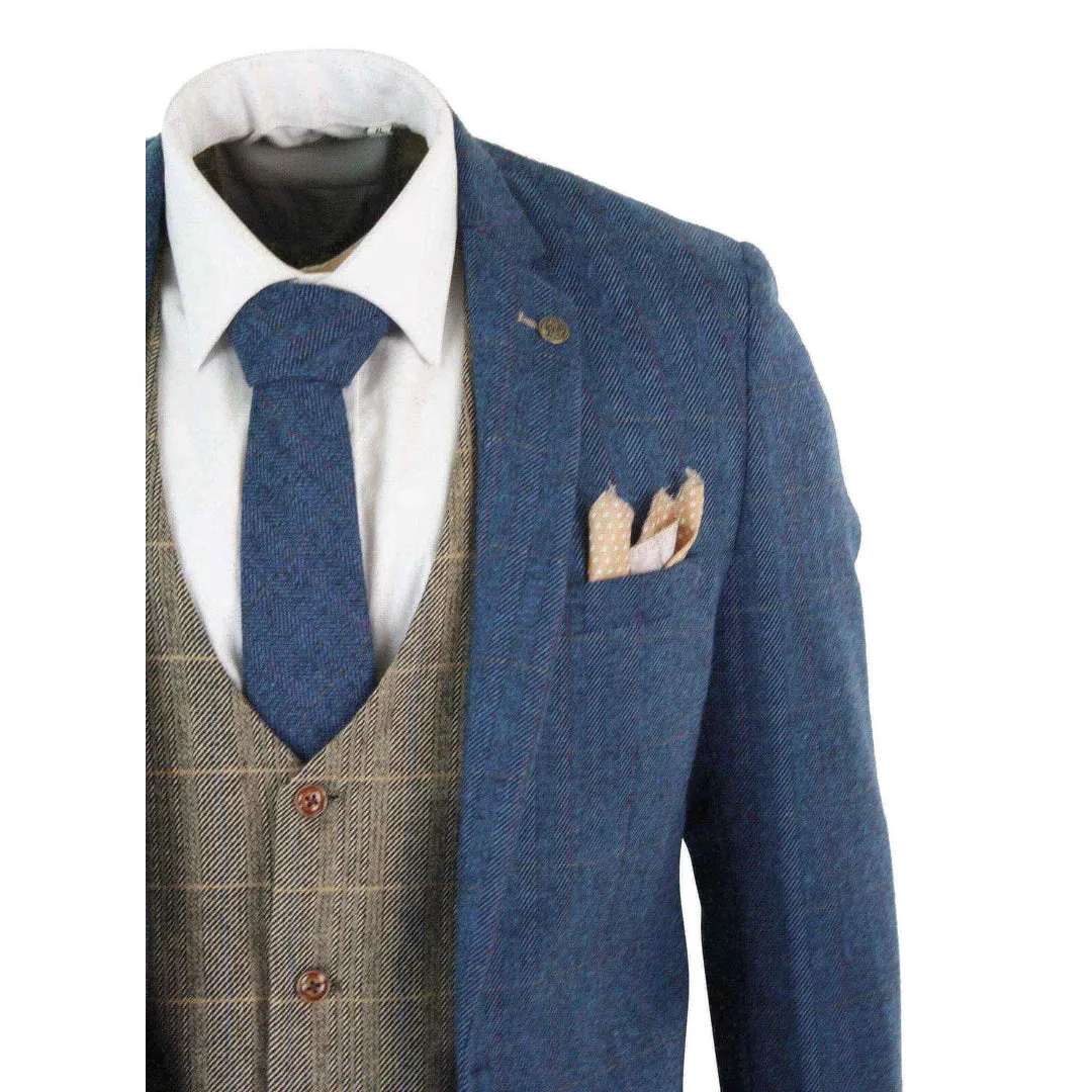 Dion - Men's Blue Tan Brown 3 Piece Herringbone Tweed Check Suit