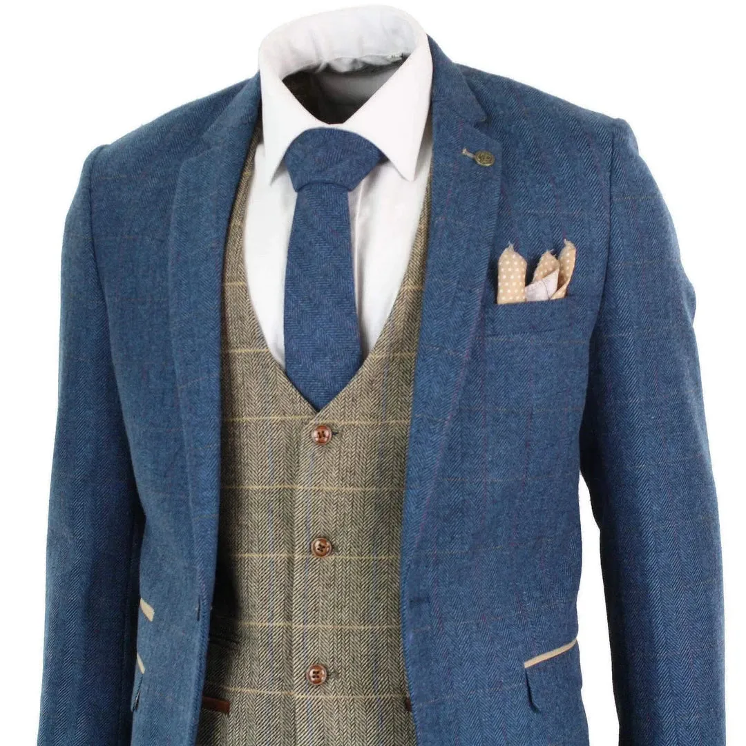 Dion - Men's Blue Tan Brown 3 Piece Herringbone Tweed Check Suit