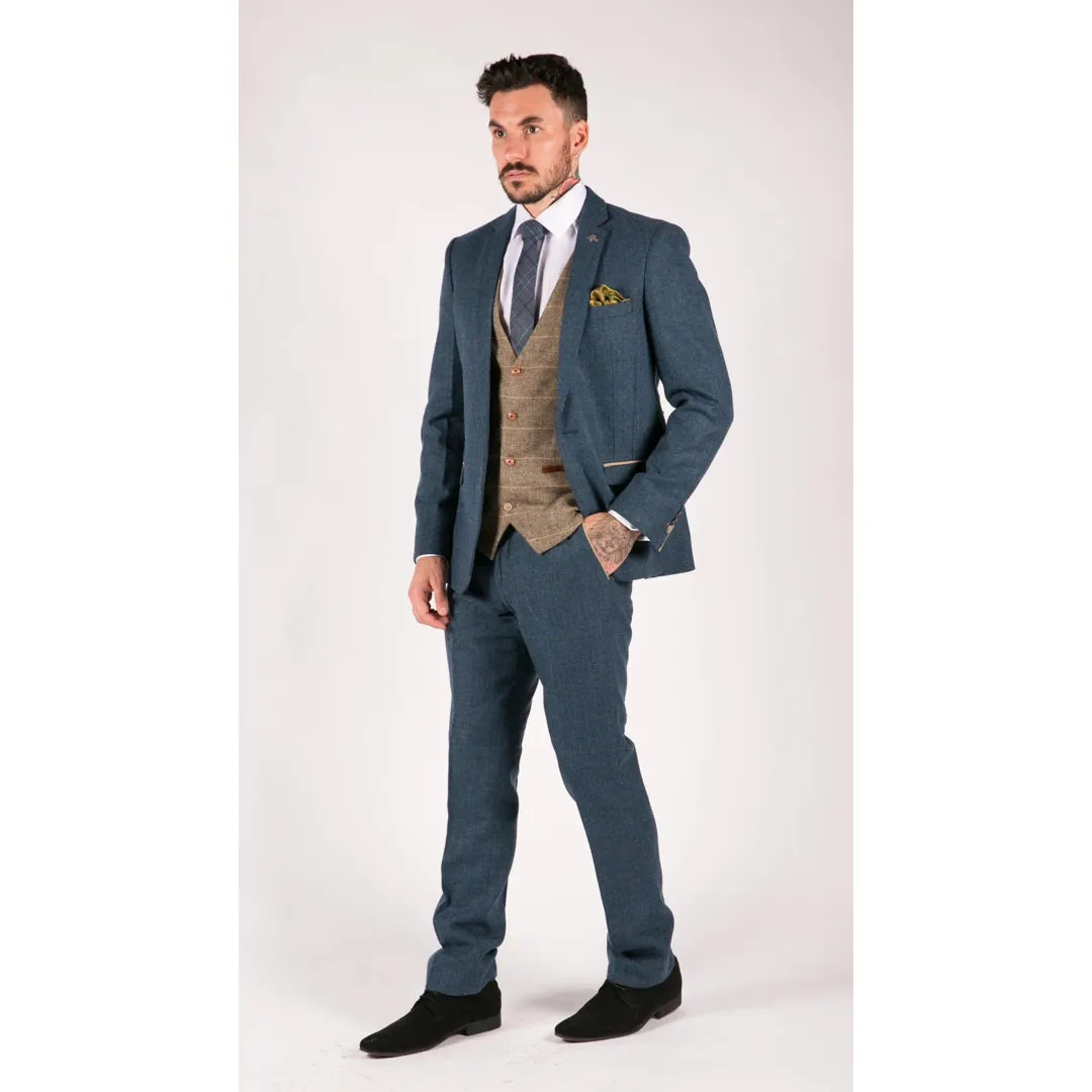 Dion - Men's Blue Tan Brown 3 Piece Herringbone Tweed Check Suit