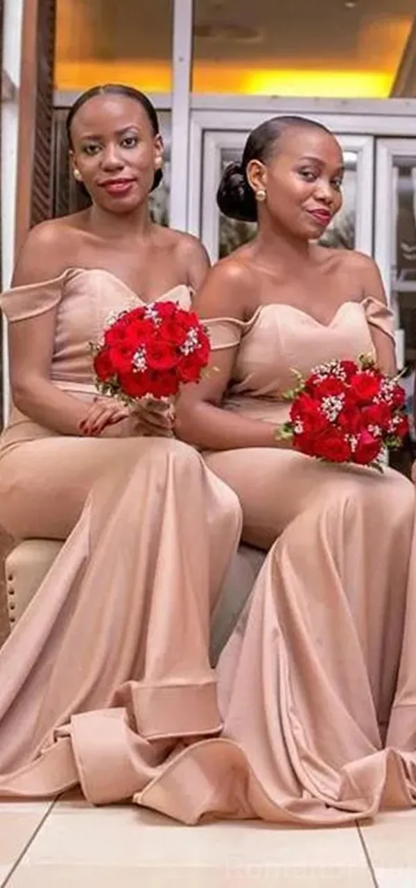 Elegant Off the Shoulder Mermaid Rose Gold Long Satin Bridesmaid Dresses Online, BG506