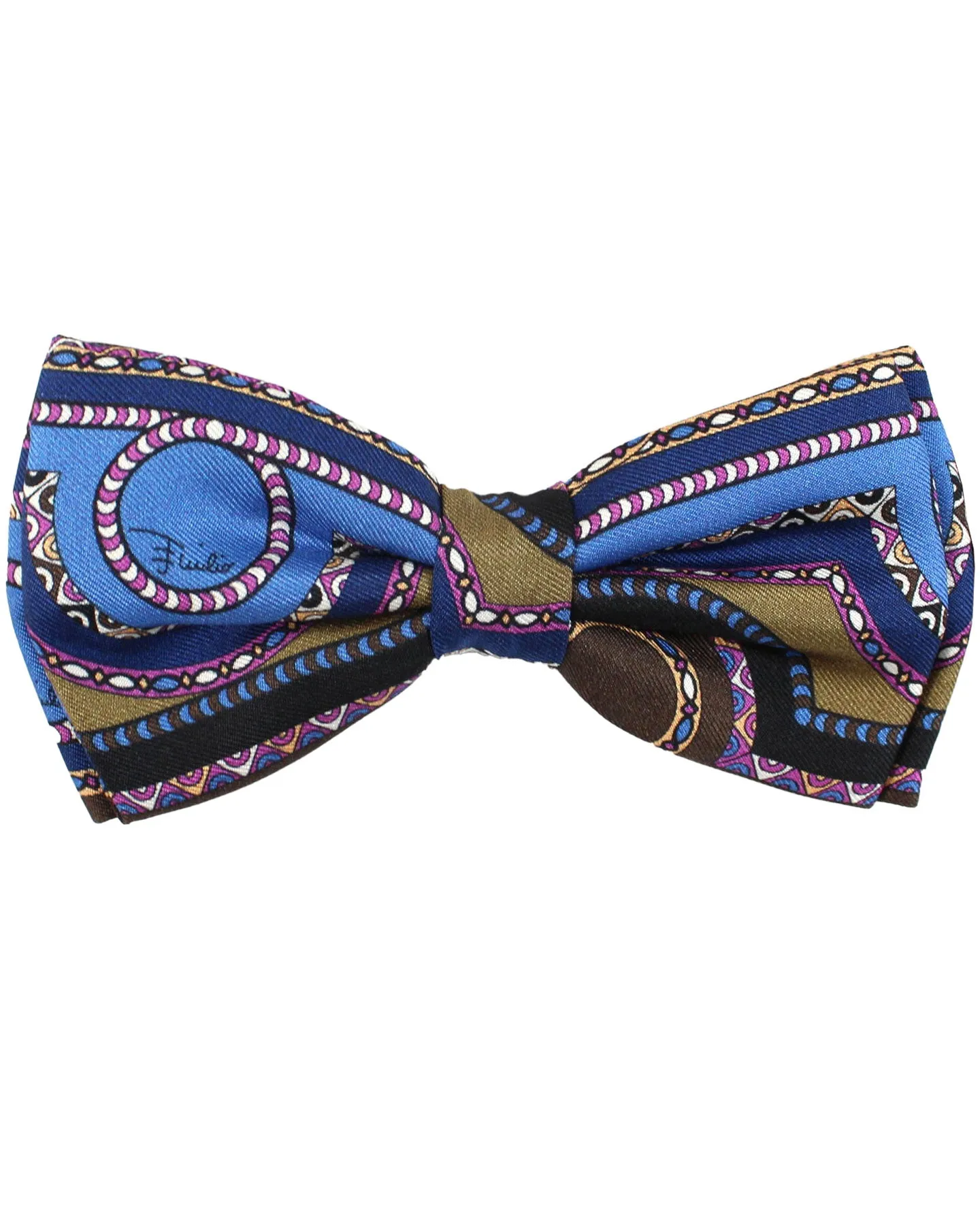 Emilio Pucci Silk Bow Tie Blue Brown Magenta Geometric Pre-Tied - Made In Italy