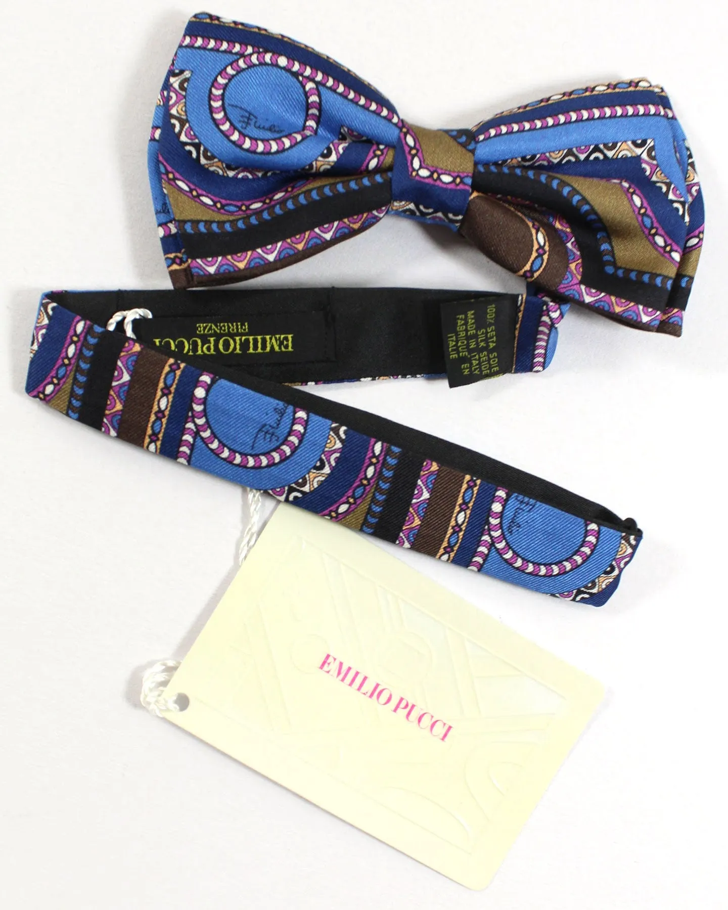 Emilio Pucci Silk Bow Tie Blue Brown Magenta Geometric Pre-Tied - Made In Italy