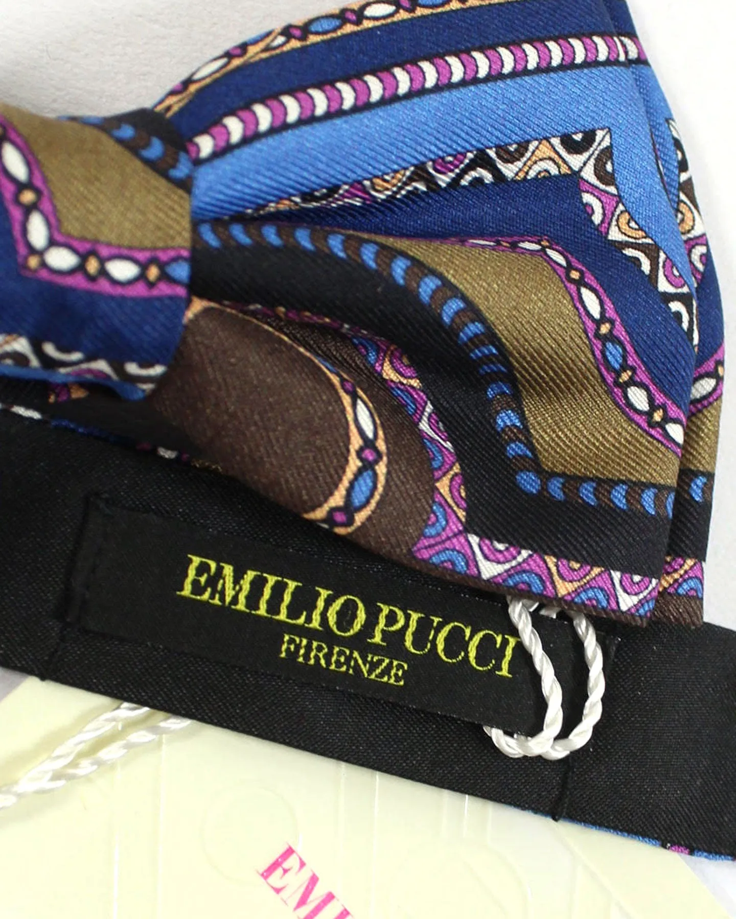 Emilio Pucci Silk Bow Tie Blue Brown Magenta Geometric Pre-Tied - Made In Italy