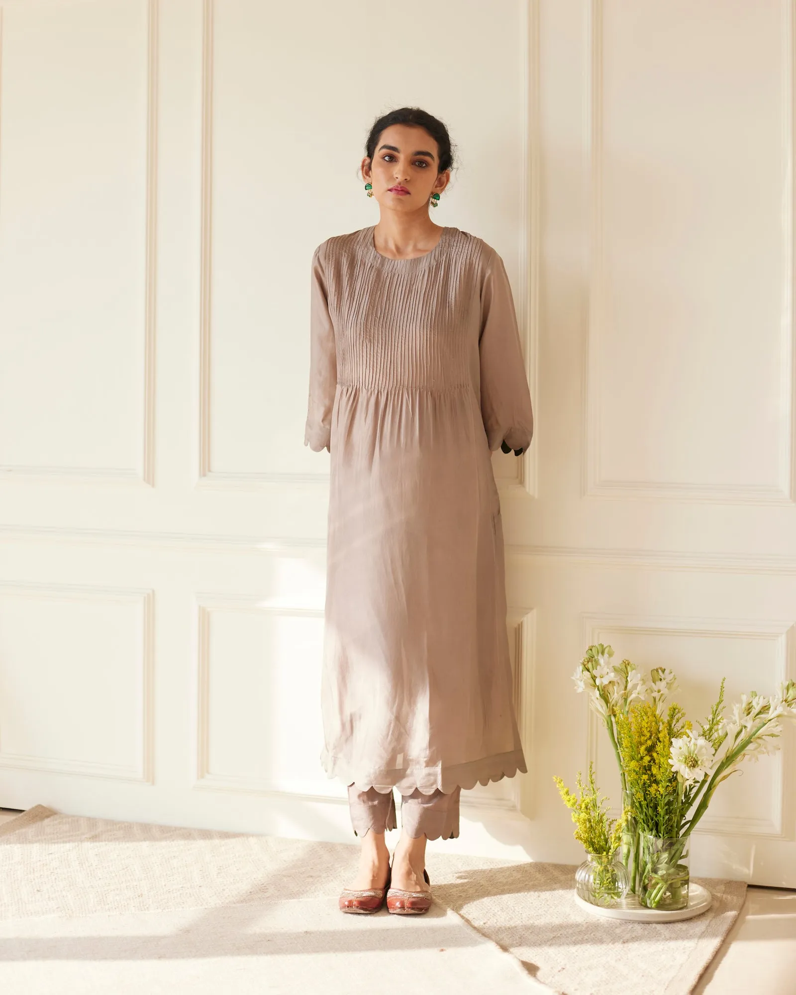 English Grey Silk Kurta Set