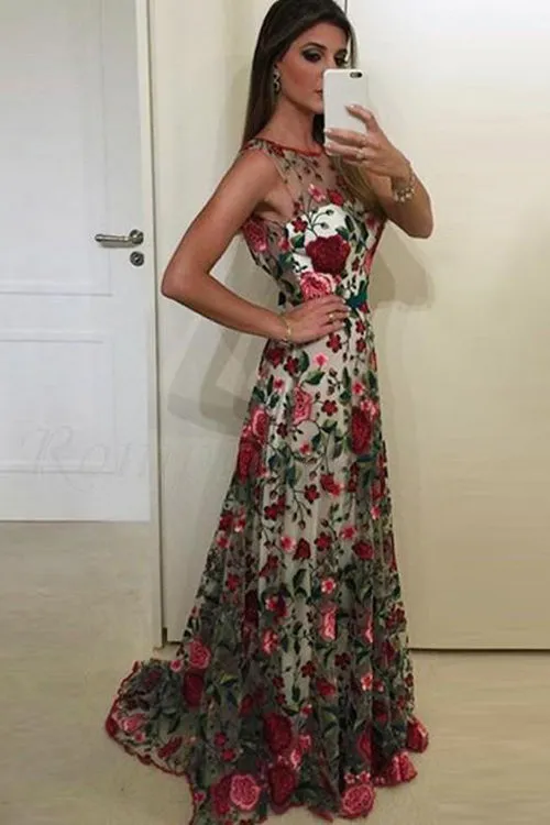 Fabulous Scoop A-line Lace Rose Floral Embroidery Long Prom Dresses, SP389