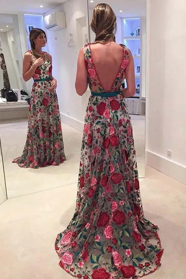 Fabulous Scoop A-line Lace Rose Floral Embroidery Long Prom Dresses, SP389