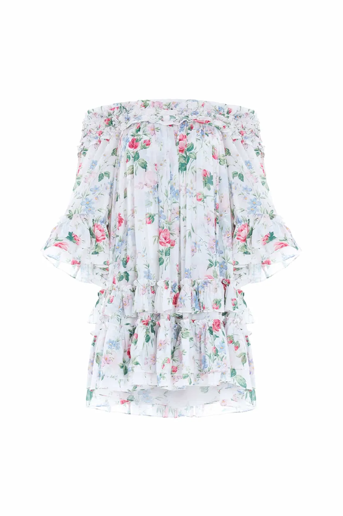 Floral Fantasy Chiffon Off-Shoulder Micro Mini Dress