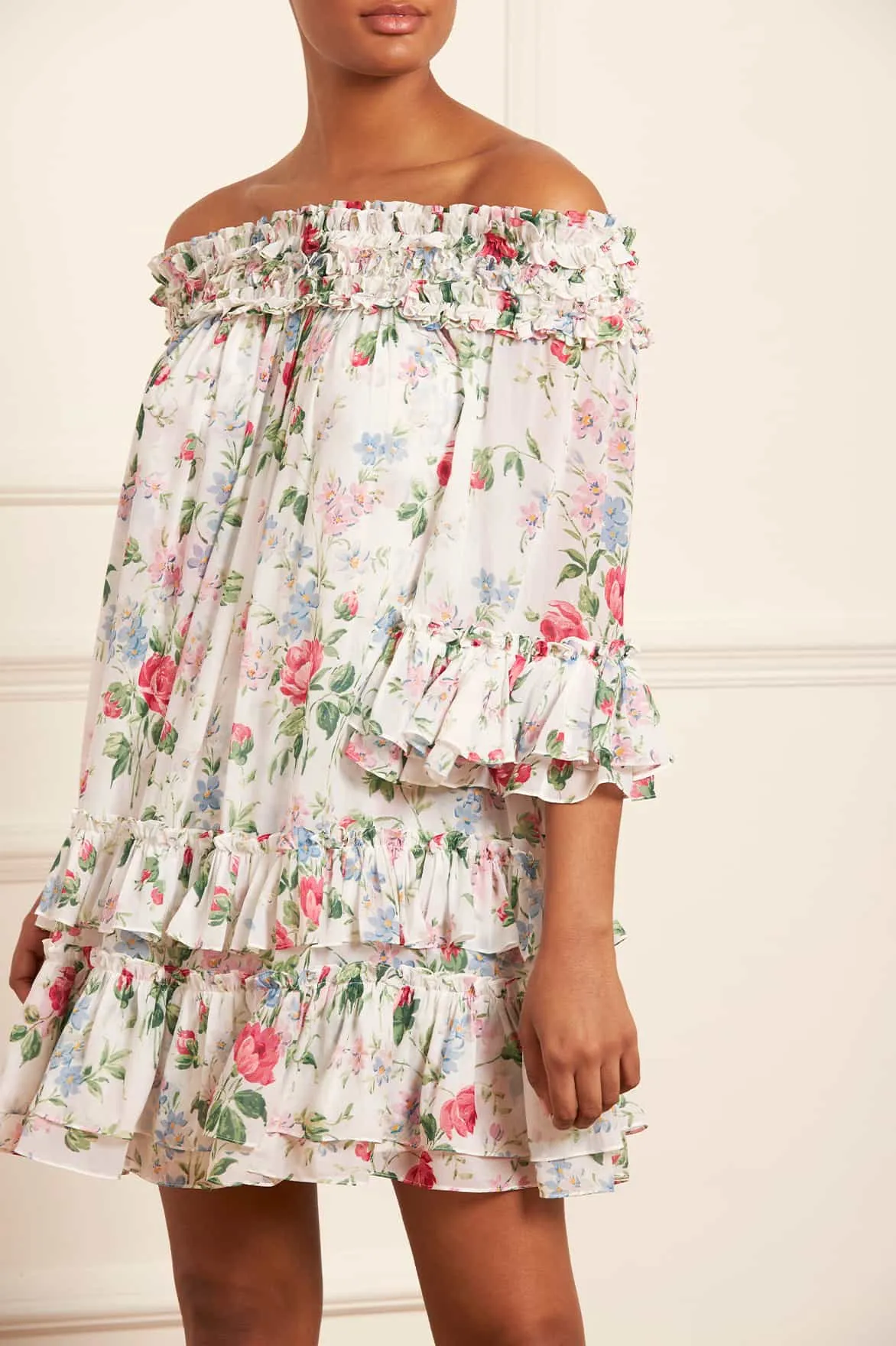 Floral Fantasy Chiffon Off-Shoulder Micro Mini Dress