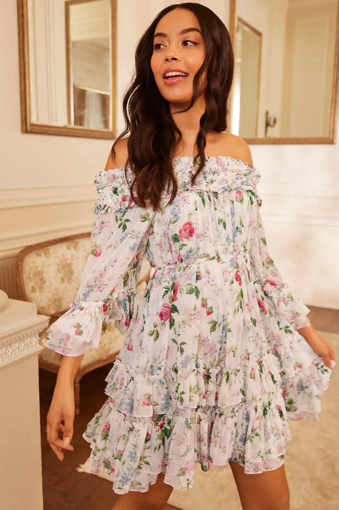 Floral Fantasy Chiffon Off-Shoulder Micro Mini Dress