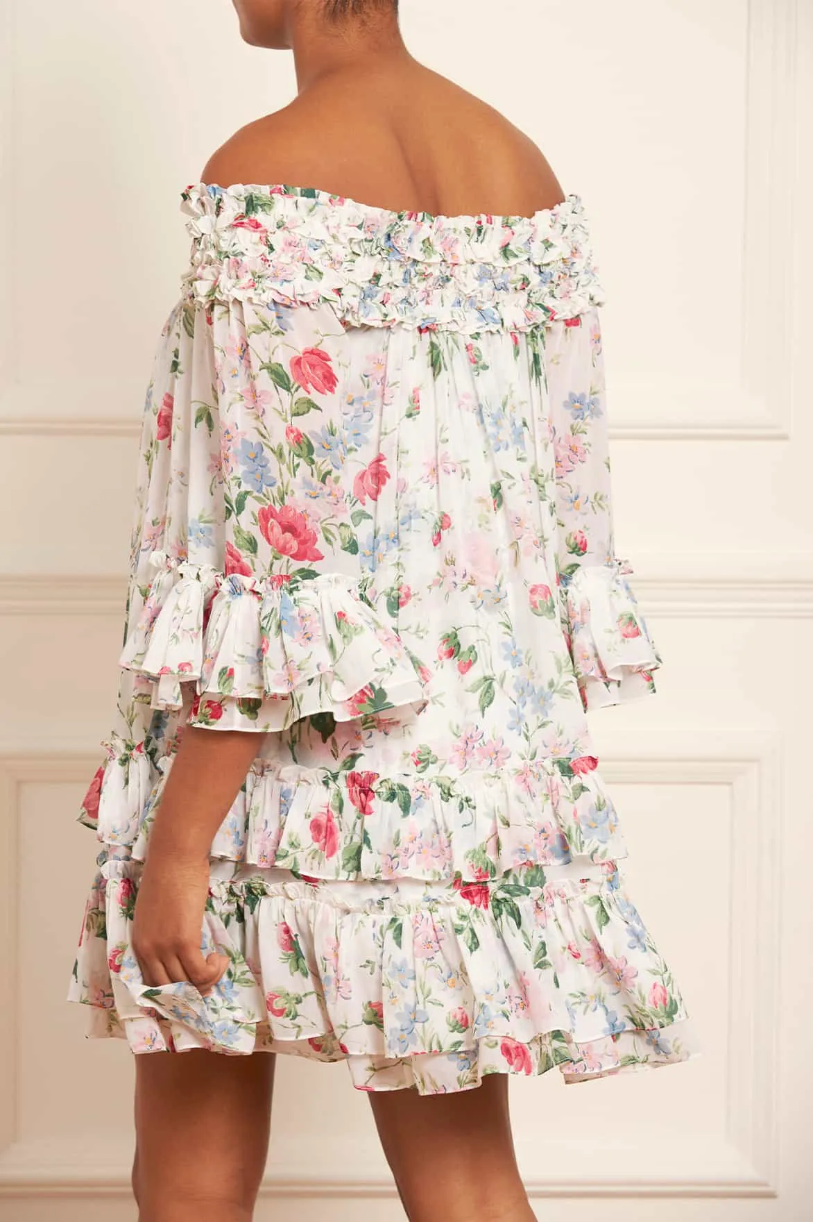 Floral Fantasy Chiffon Off-Shoulder Micro Mini Dress