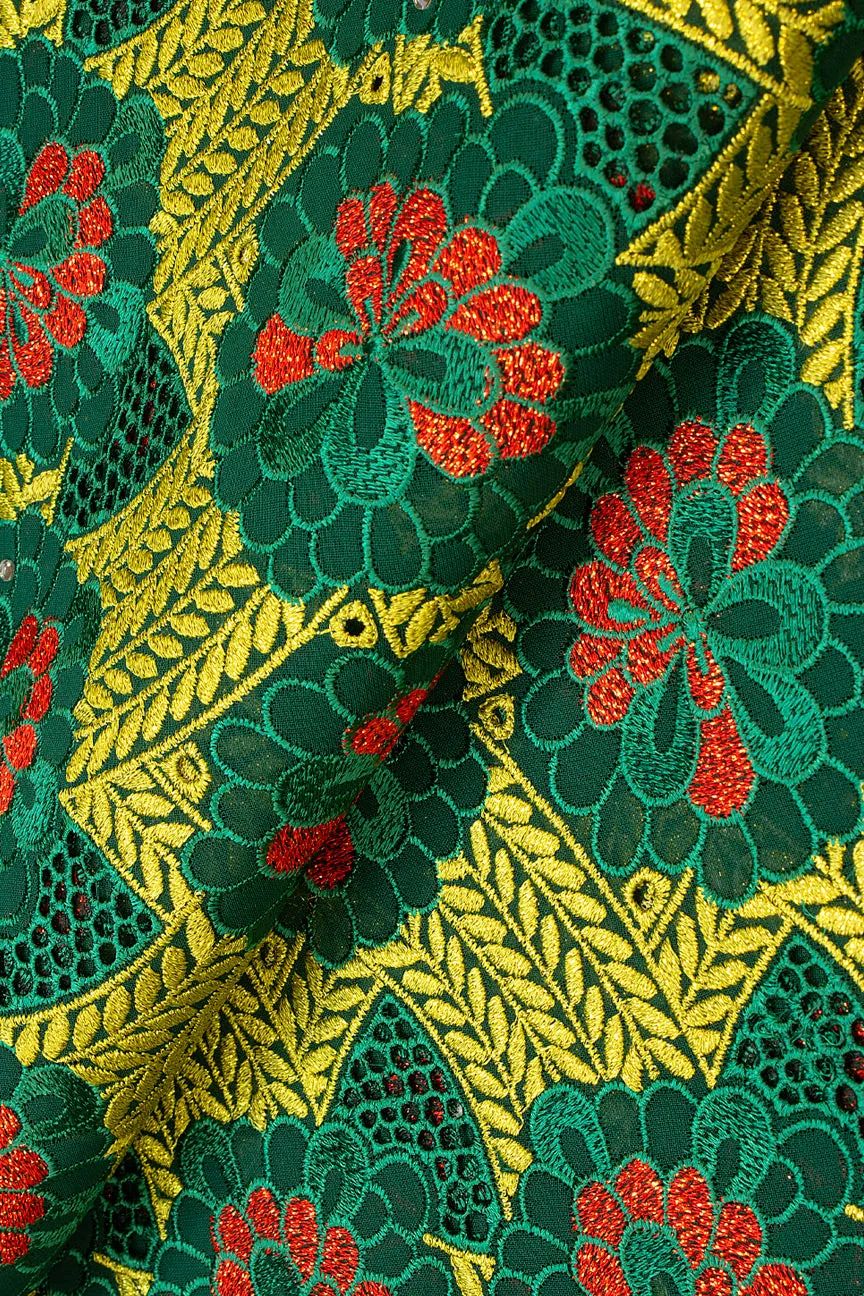 FSL603 - Stunning Fine Swiss Lace - Leaf Green, Red & Gold