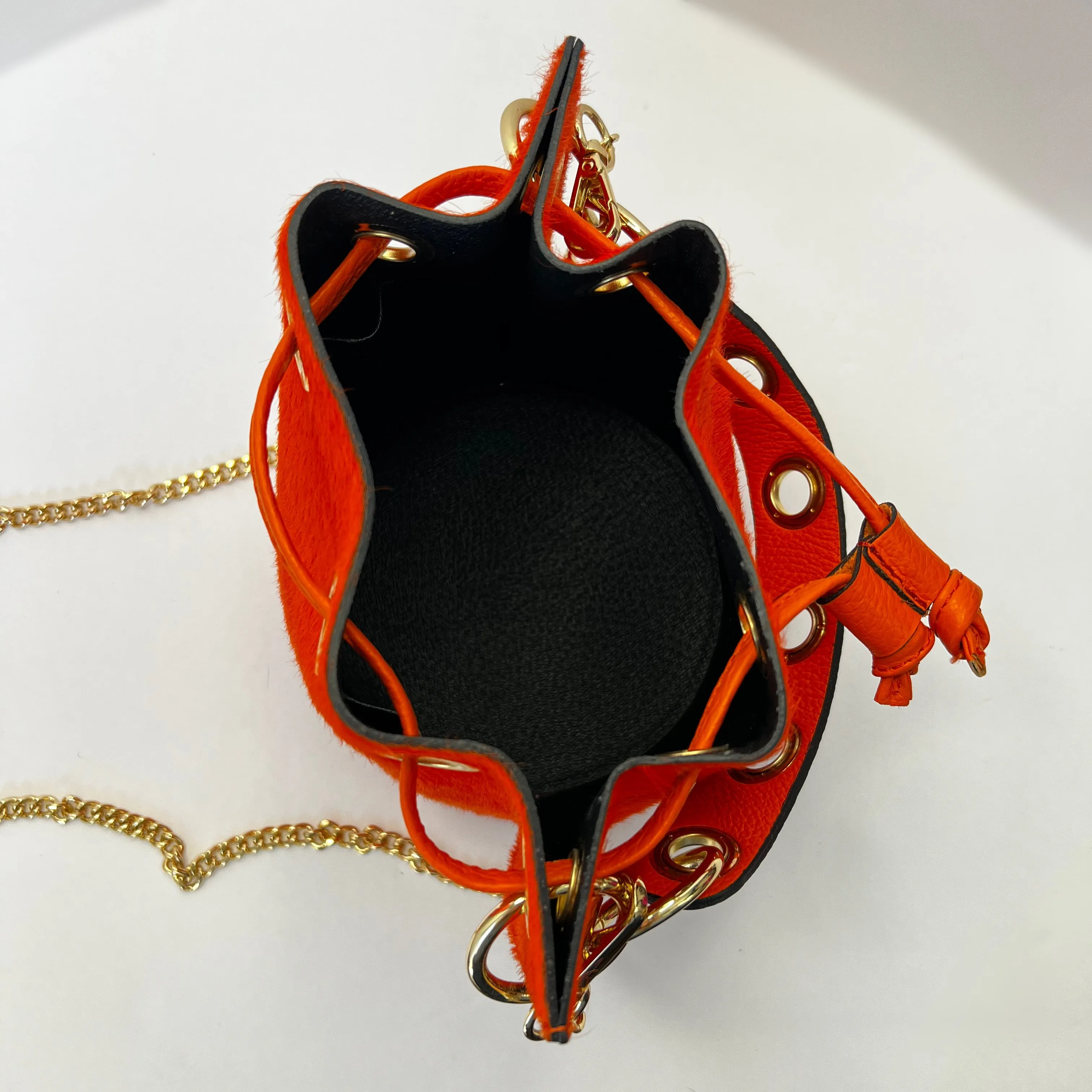 Gabriella Orange Pony Hair Bucket Bag