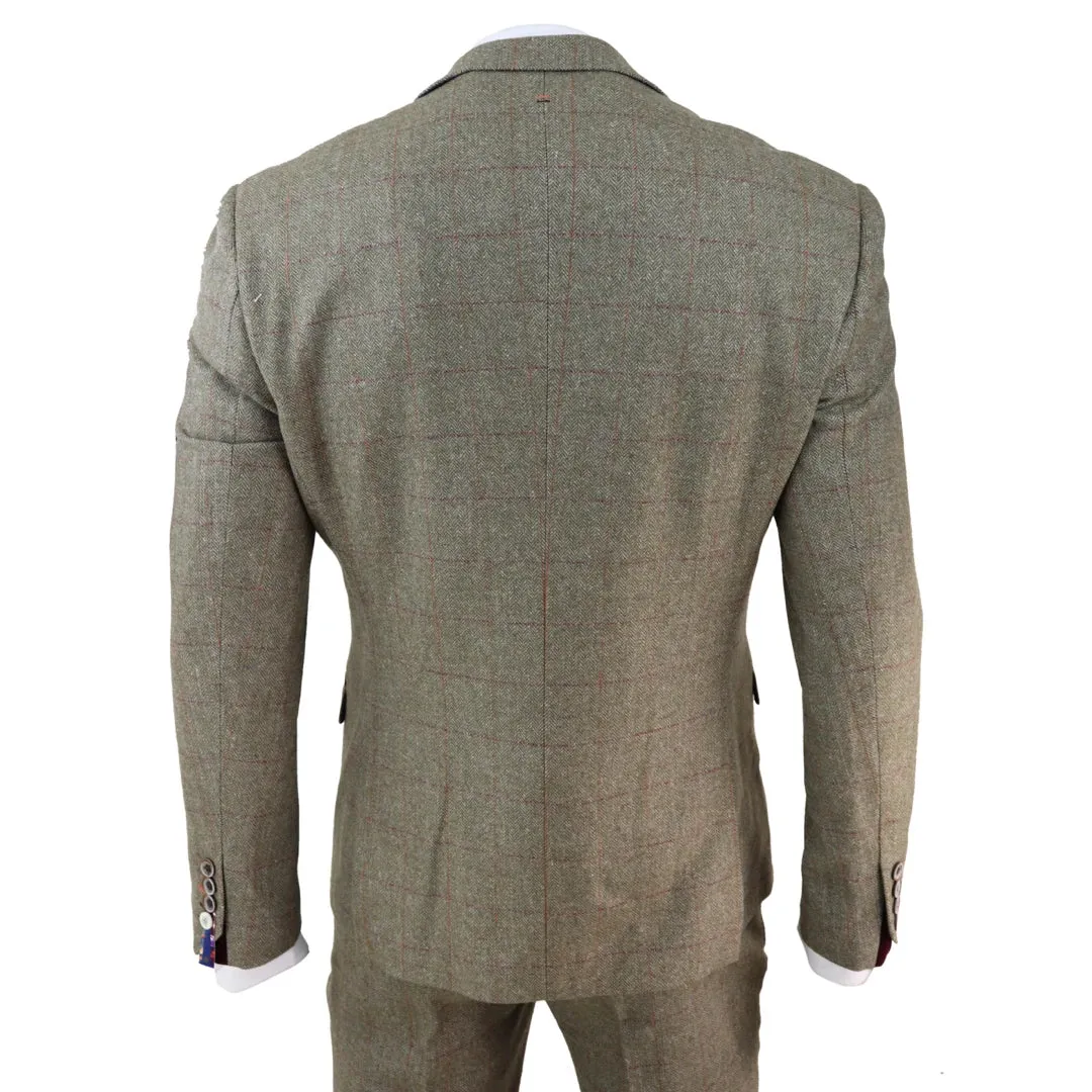 Gaston - Men's Tweed Check Olive Green Wine Suit Wedding