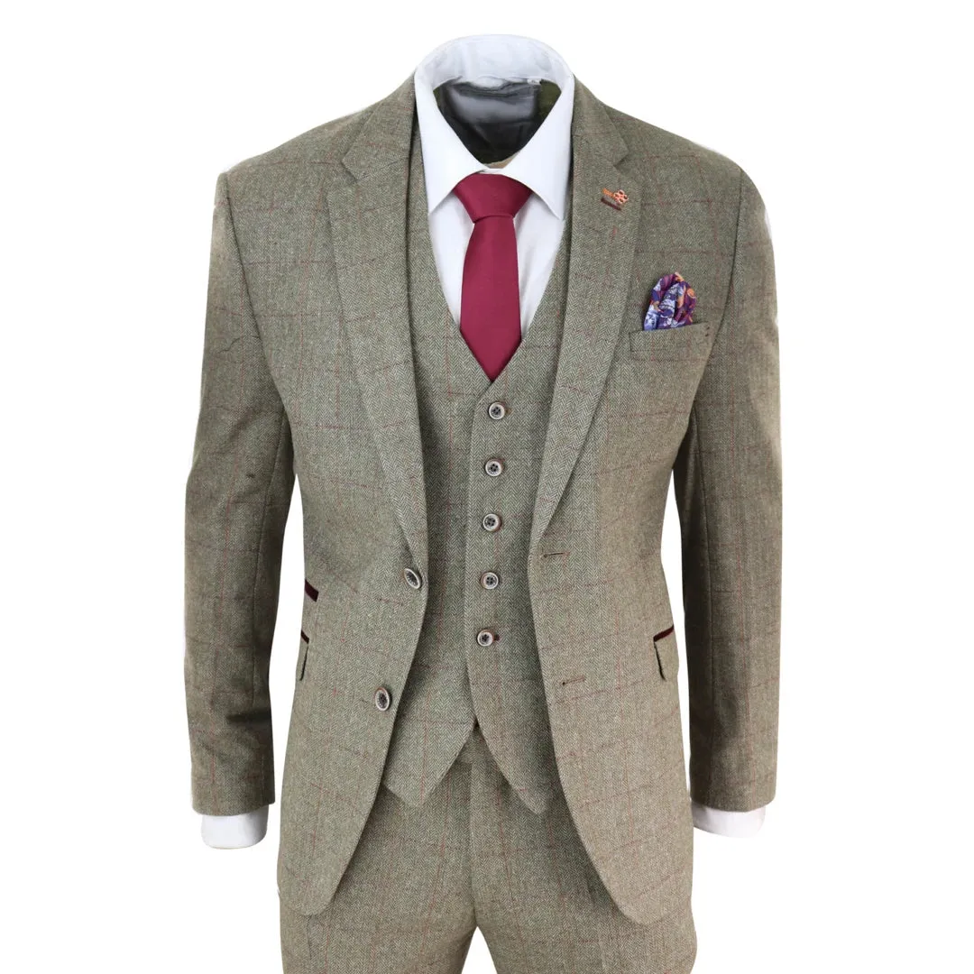 Gaston - Men's Tweed Check Olive Green Wine Suit Wedding