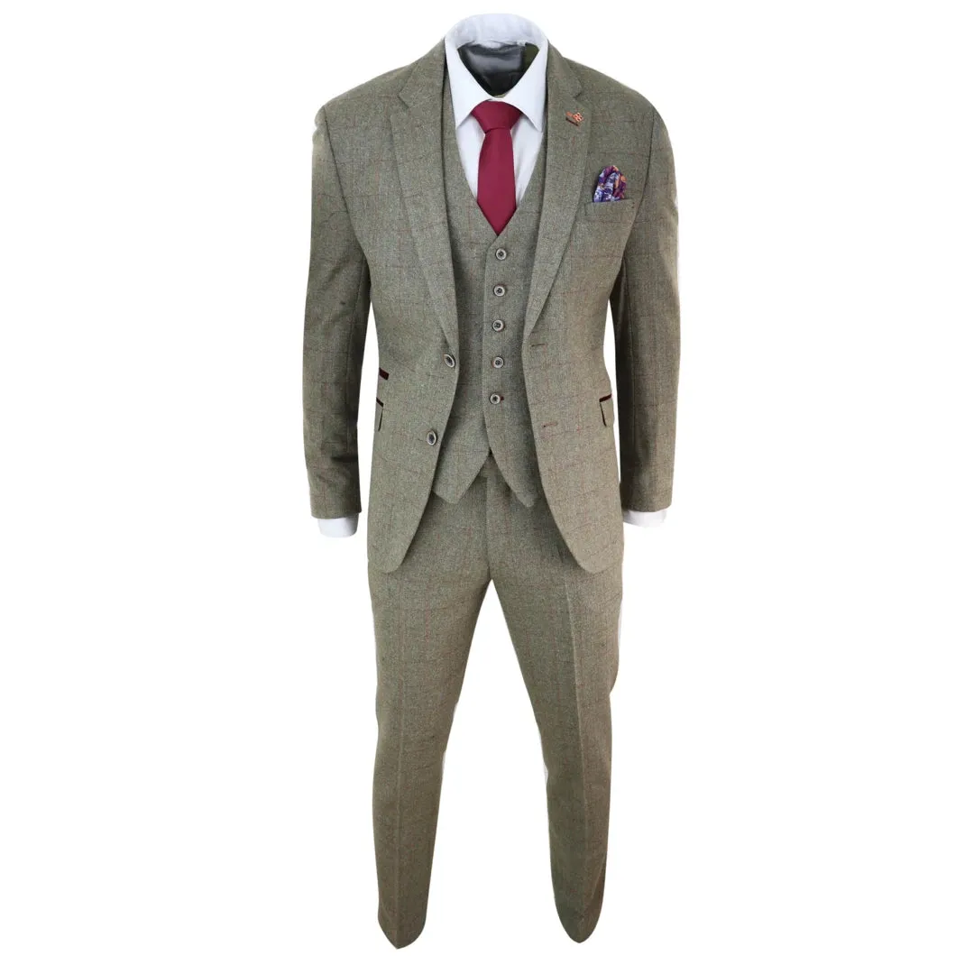 Gaston - Men's Tweed Check Olive Green Wine Suit Wedding