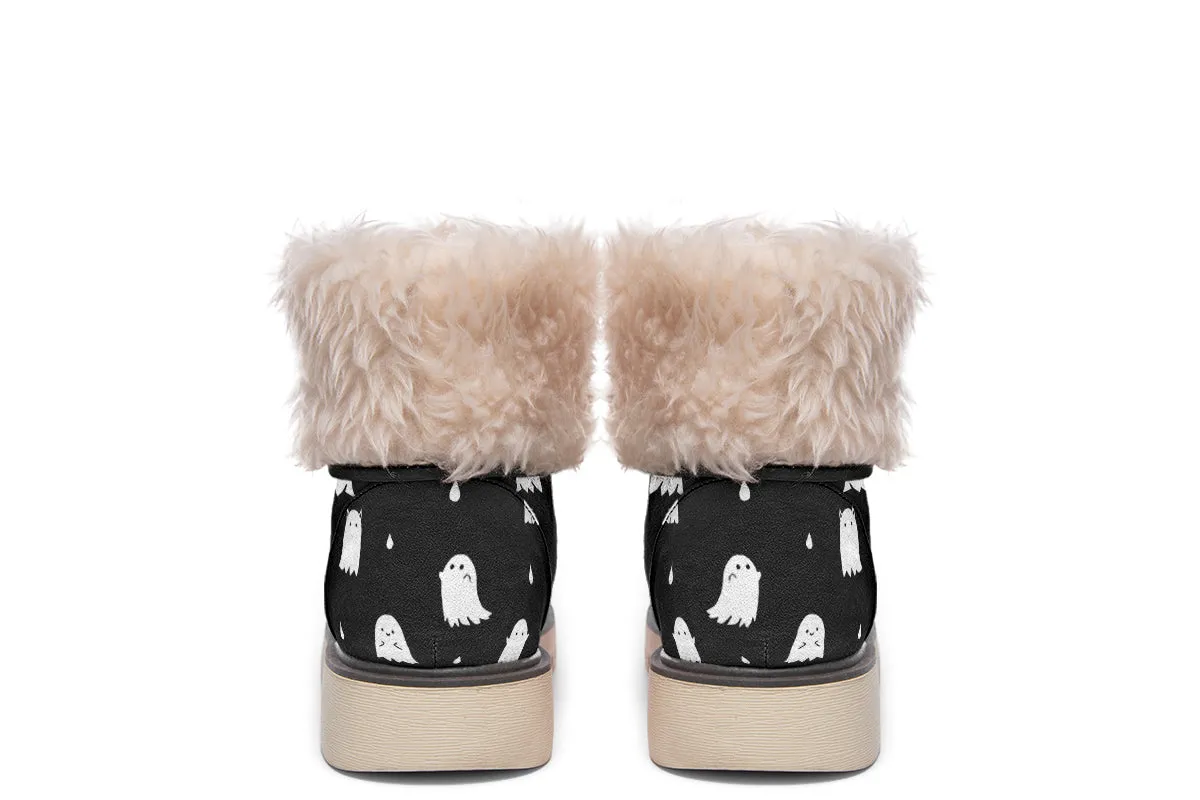 Ghost Party Fold Over Winter Boots - Microsuede Vegan Boots with Fur Lining and Convertible Style