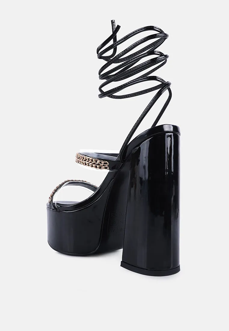 Indulgence Metal Chain Lace Up Chunky Sandals By Ruw