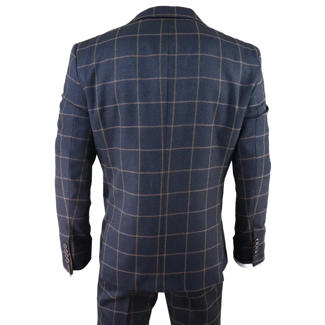 Kempson - Men's Herringbone Tweed Navy Check 3 Piece Wool Suit