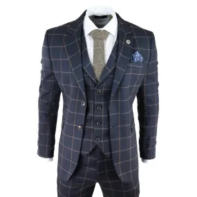 Kempson - Men's Herringbone Tweed Navy Check 3 Piece Wool Suit