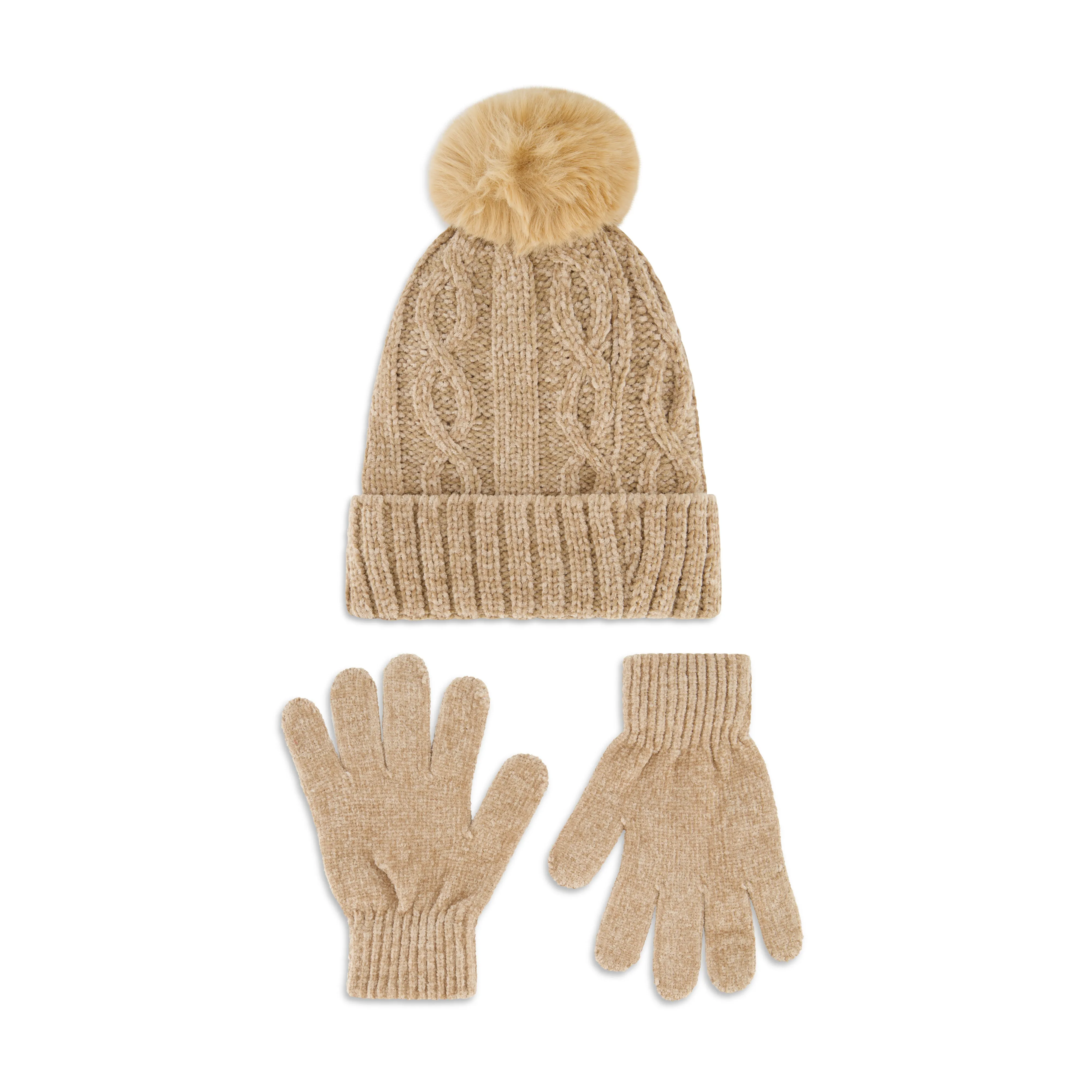 Laundry by Shelli Segal Women's Chenille Cable Beanie with Faux Pom and Glove Set