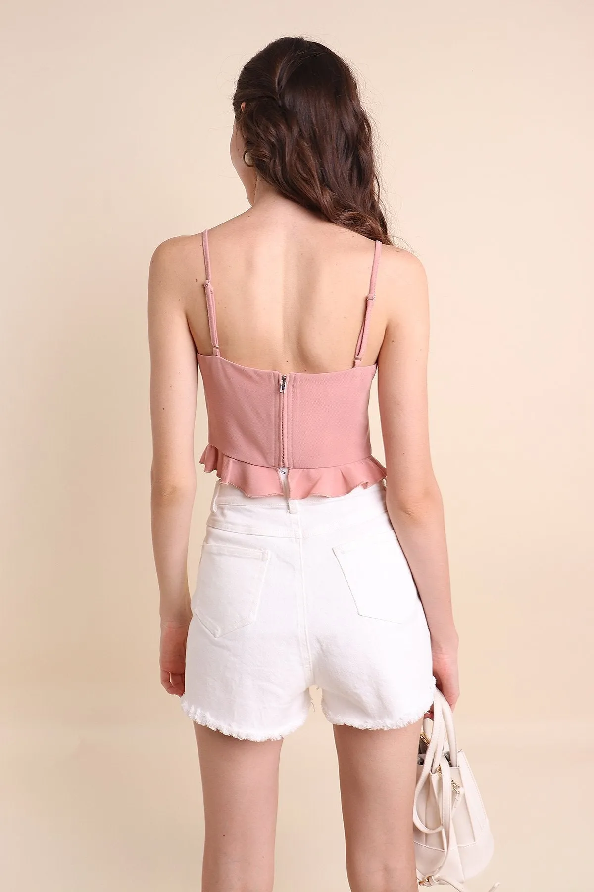 MADEBYNM AUDREY RUCHED PEPLUM TOP IN FROST ROSE