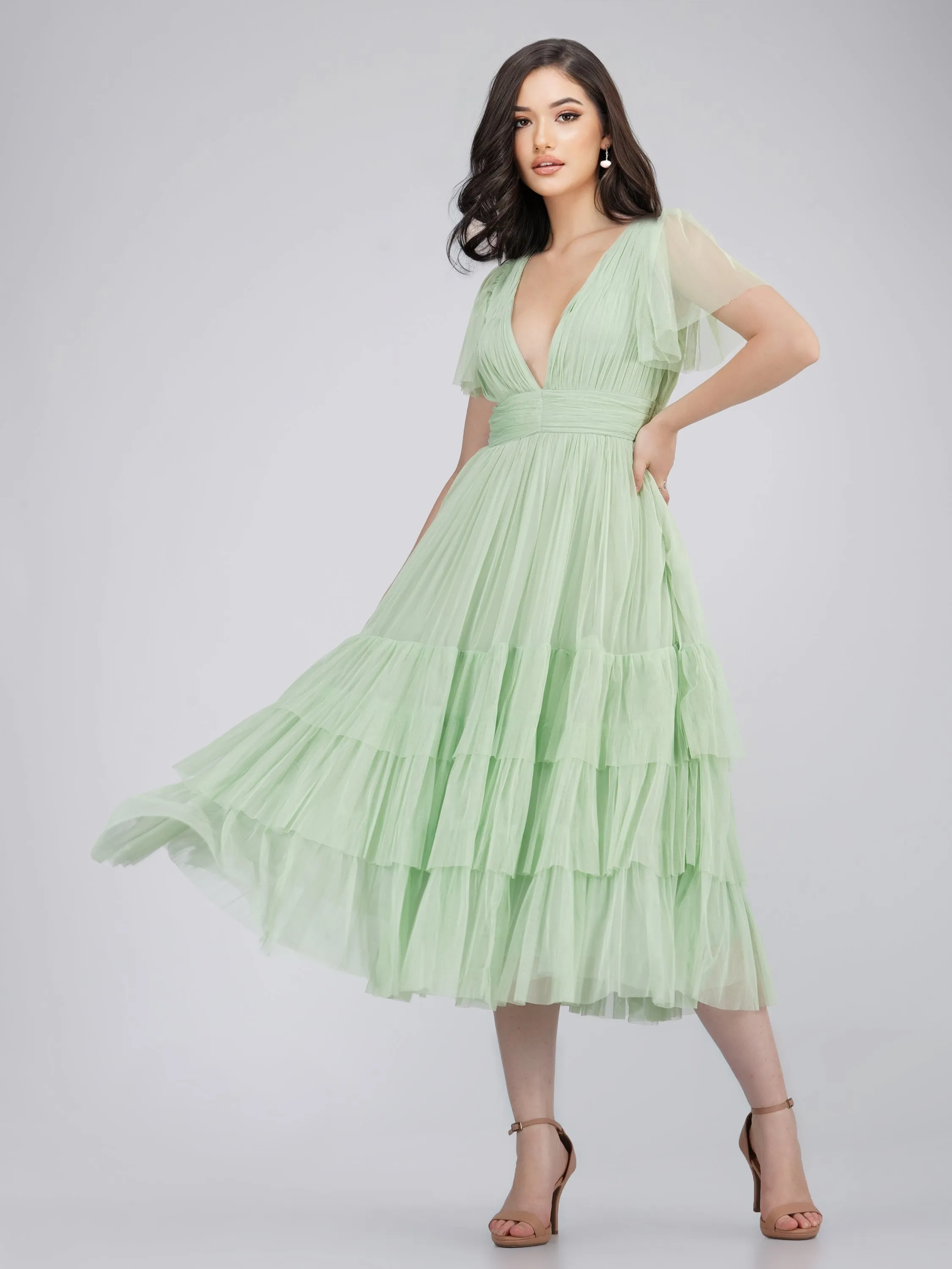 Madison Sage Green Tulle Bridesmaid Midi Dress