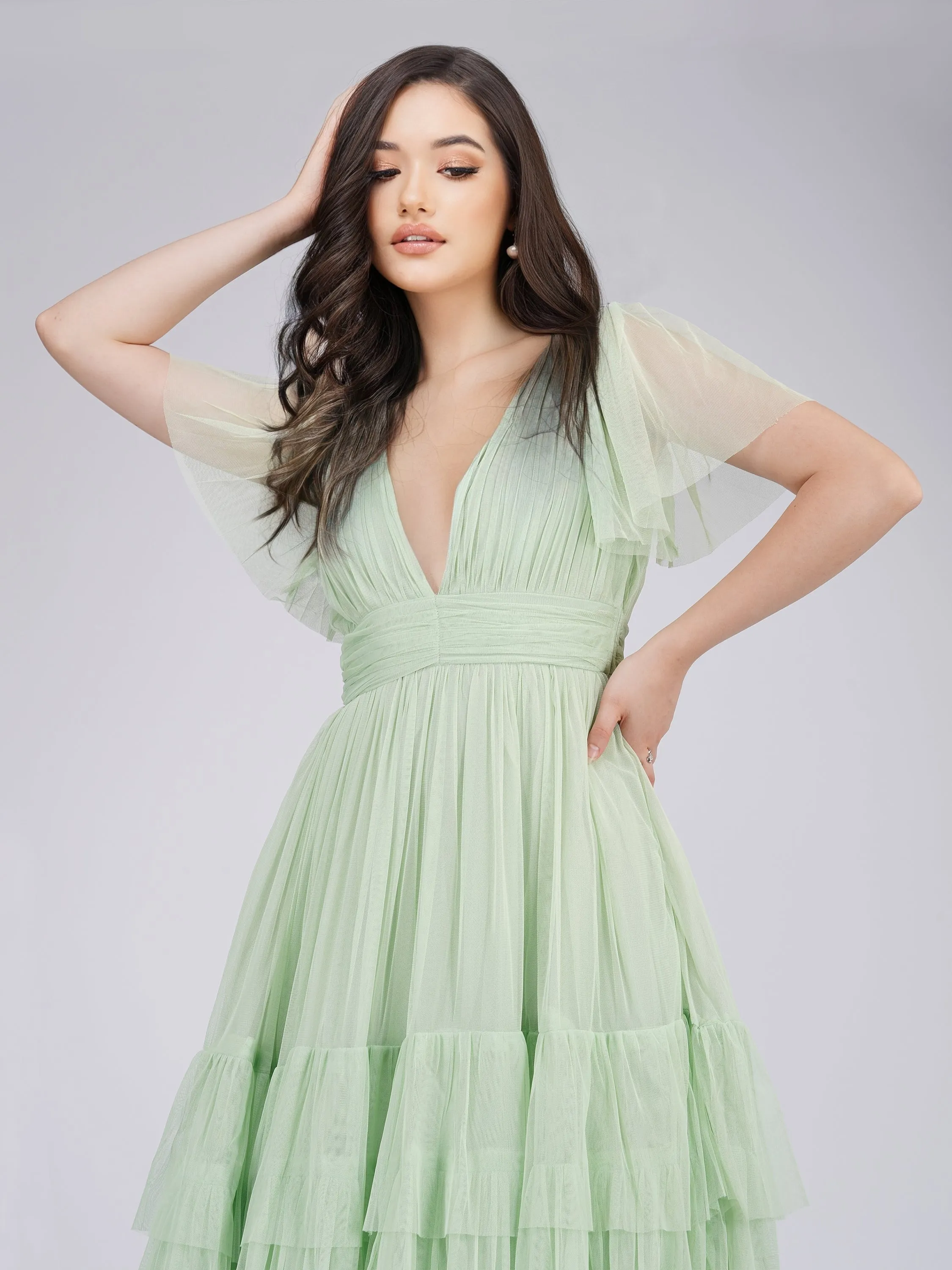 Madison Sage Green Tulle Bridesmaid Midi Dress