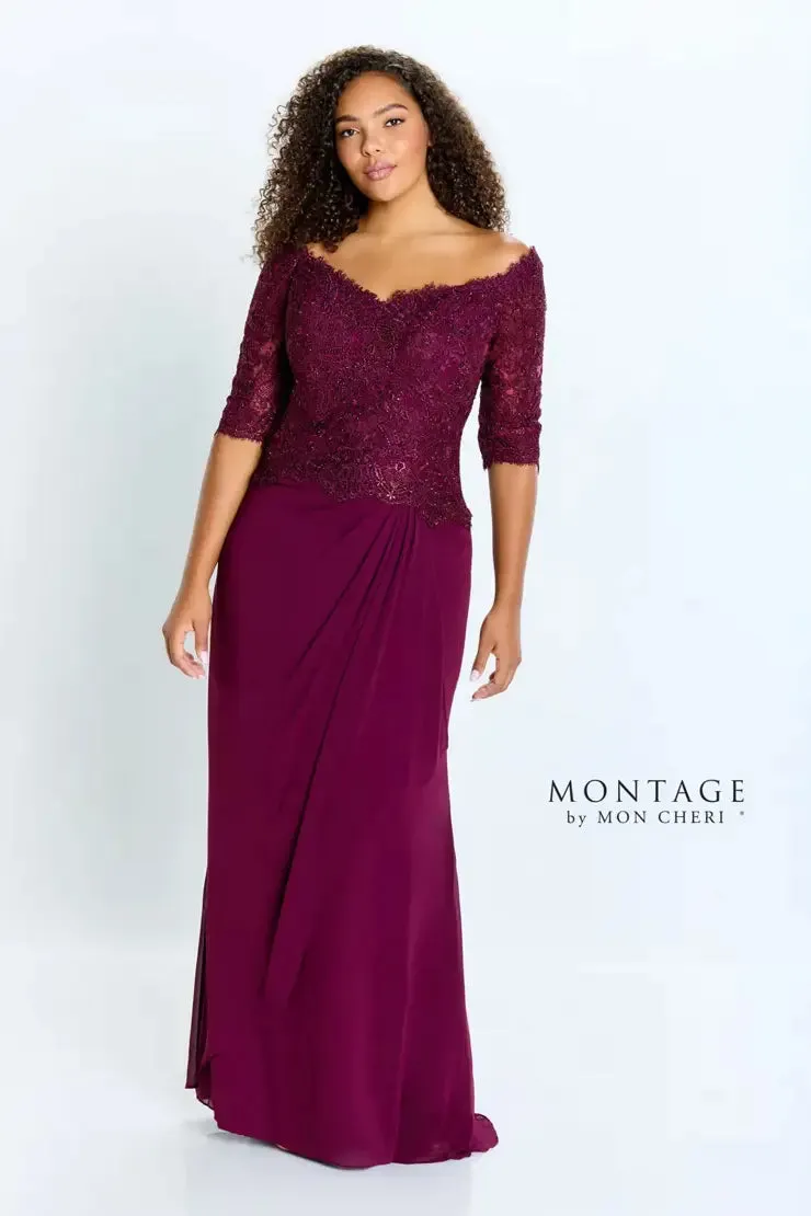 Montage 220942 Off The Shoulder Lace Chiffon Gown With 3/4 Sleeve