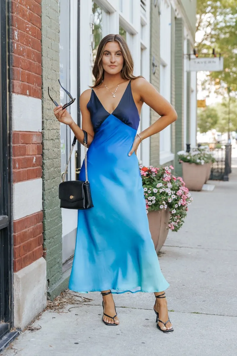 MUSE Blue Ombre V Neck Maxi Dress - FINAL SALE