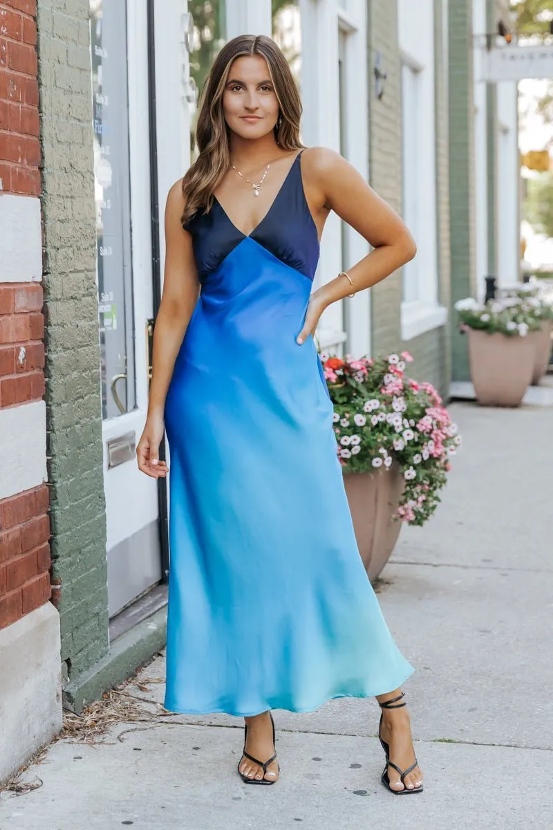 MUSE Blue Ombre V Neck Maxi Dress - FINAL SALE