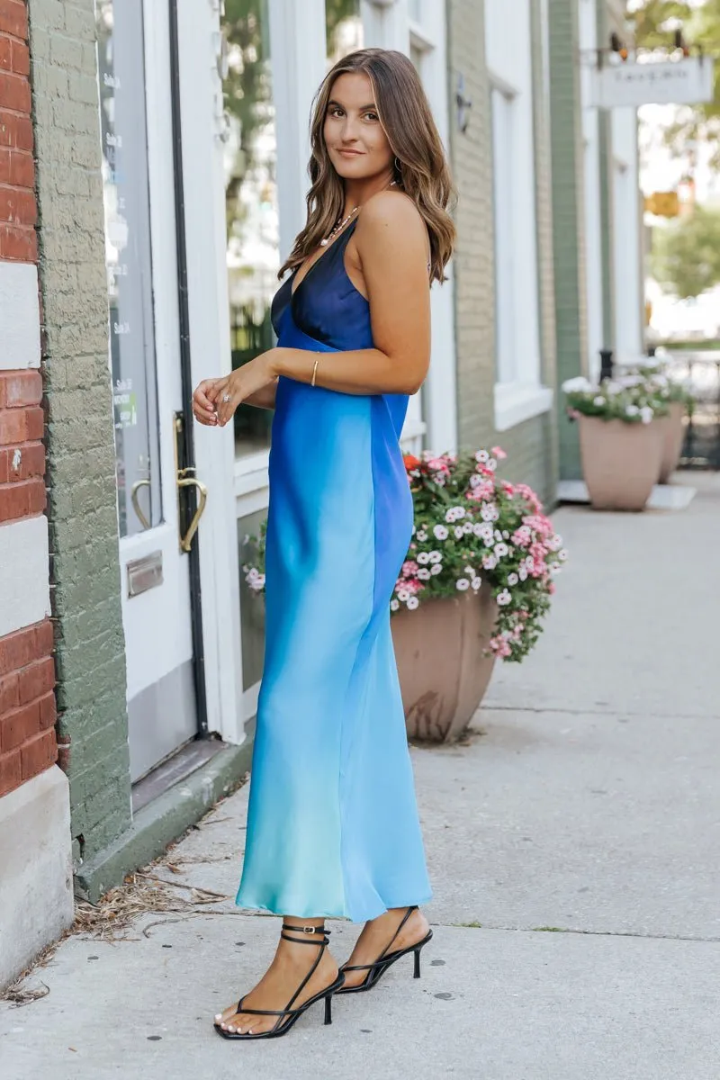 MUSE Blue Ombre V Neck Maxi Dress - FINAL SALE