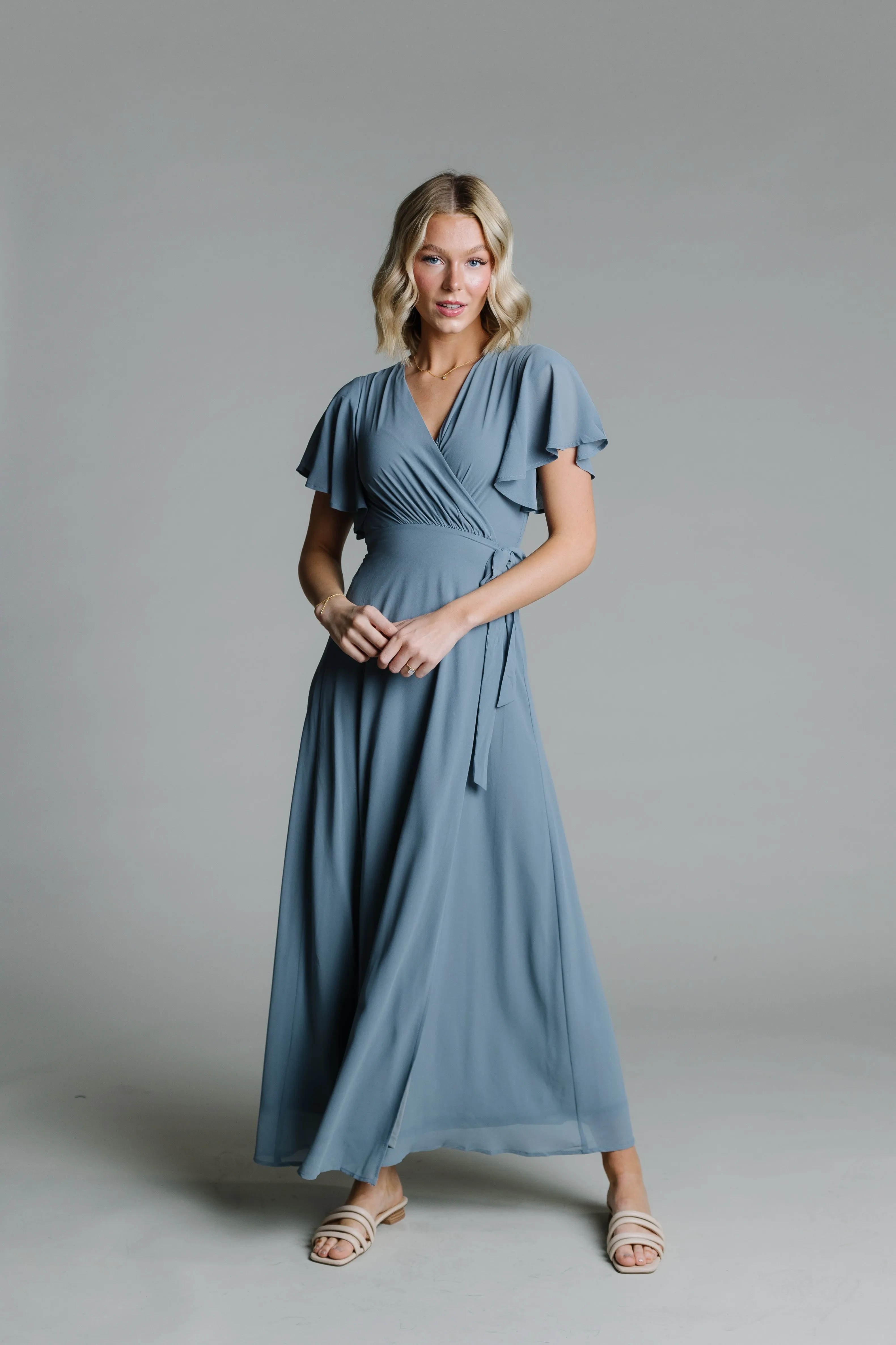 Naples Flutter Sleeve Wrap Maxi - Dusty Blue